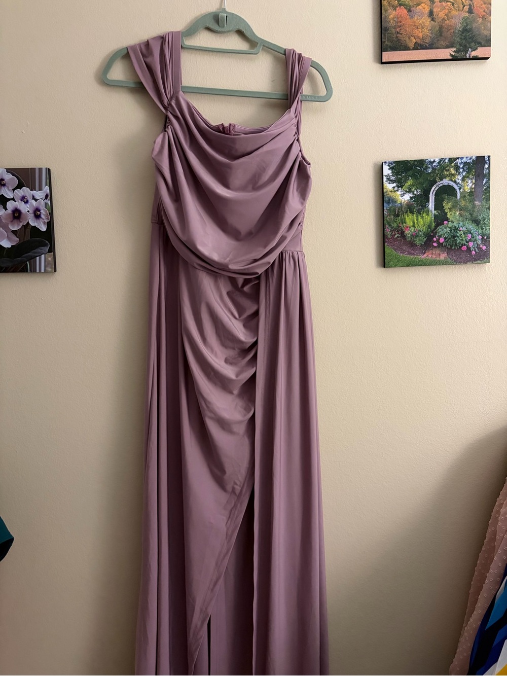 Mauve Draped Maxi Dress with Cowl Bodice and sexy slit